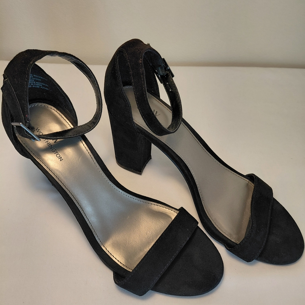 Worthington Black Suede Ankle-Strap Block Heel Sandals
